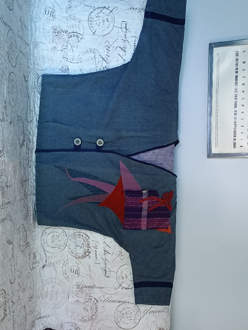 Kimono Style Embroidered Denim Blue Jacket with Colorful Patch Detail